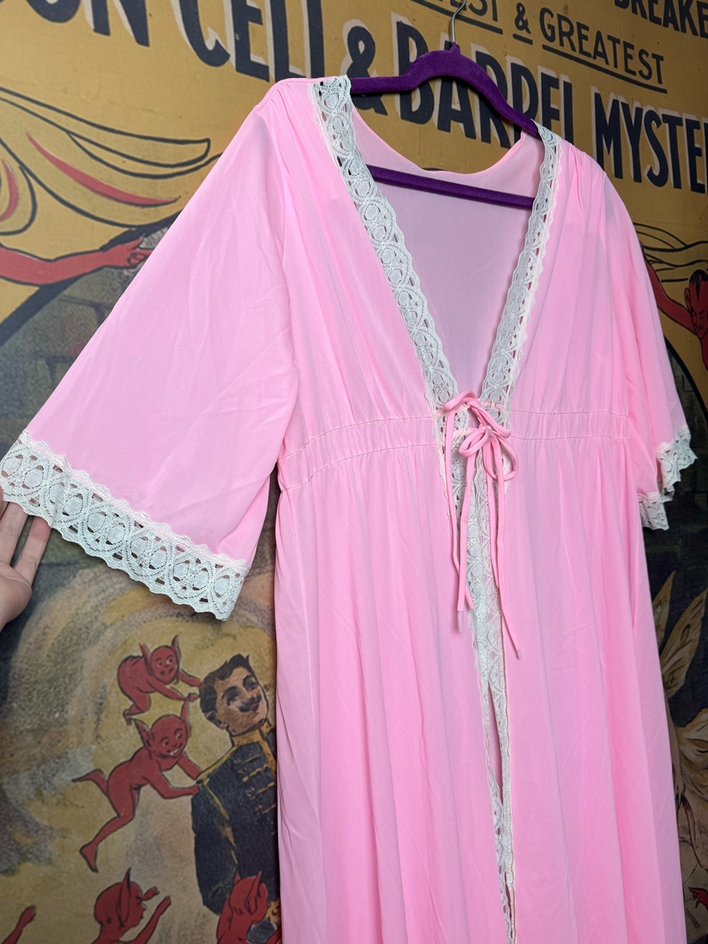 Vintage 60s Neon Pink Lace Trim Robe